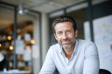 Obraz premium Confident man with relaxing in a bright office space, conveying leadership, professionalism, and a friendly business atmosphere.