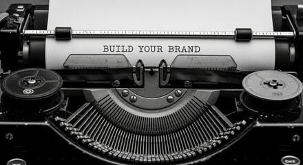 Close-up of vintage typewriter with paper showing "Build Your Brand" text, showcasing retro style and branding concept, ideal for marketing or business themes