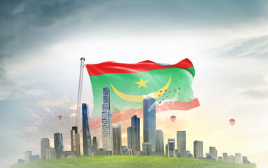 Mauritania national flag wavering with modern building skyline. Country showing stronger and...