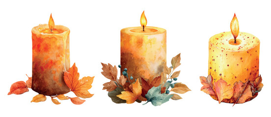 Watercolor set of wax candles decorated with autumn leaves. Wax candle with fire decorated with autumn leaves. Cozy elements of home decor, table, etc. Decorative elements for the autumn season.