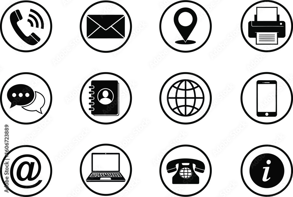 Poster vector art of a set of contact information icons in circular frames, isolated on white background