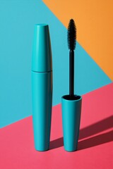 Turquoise Mascara Tube and Wand on Colorful Geometric Background