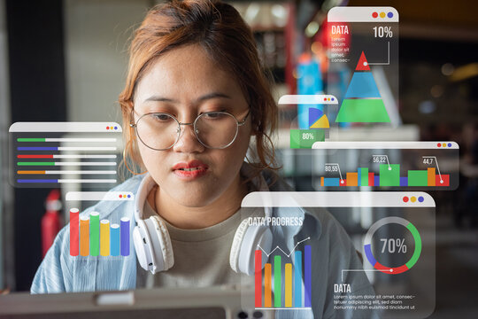 illustration of a young Asian woman working on processing data with her tablet