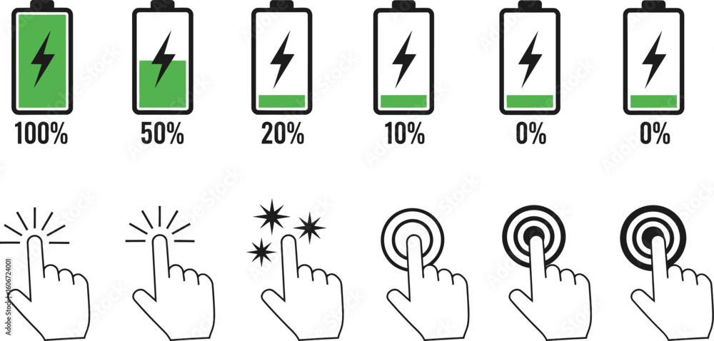 Poster vector art of a set of battery charge level indicators and hand touch icons on a yellow background