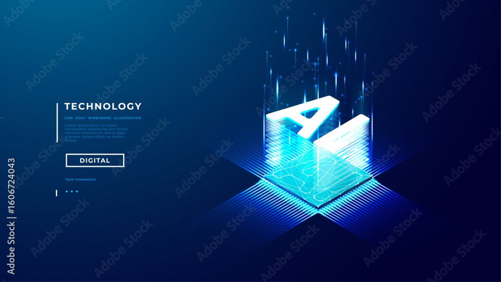 Poster ai chip. isometric ai icon hologram over digital nano semiconductor. abstract computer technology in