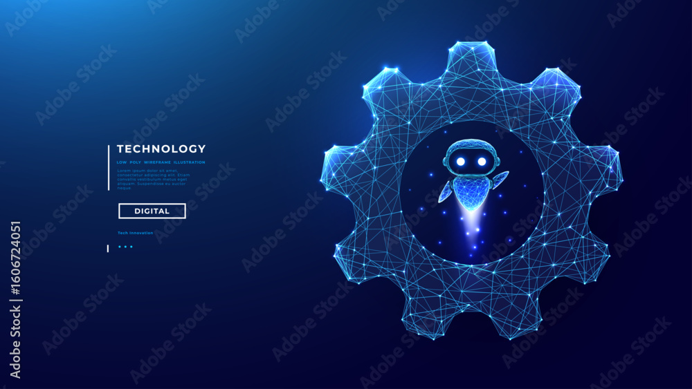 Poster technological ai robot or ai agent inside digital wireframe gear on technology blue background. arti