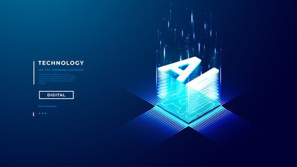 AI chip. Isometric AI icon hologram over digital nano semiconductor. Abstract computer technology innovation concept. Technology light processor on tech blue background. Digital vector illustration.