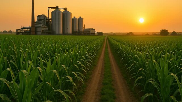 Bioenergy power plant. Green cornfield dirt road leads to industrial silo at sunset peaceful rural landscape with vibrant plants warm orange sky