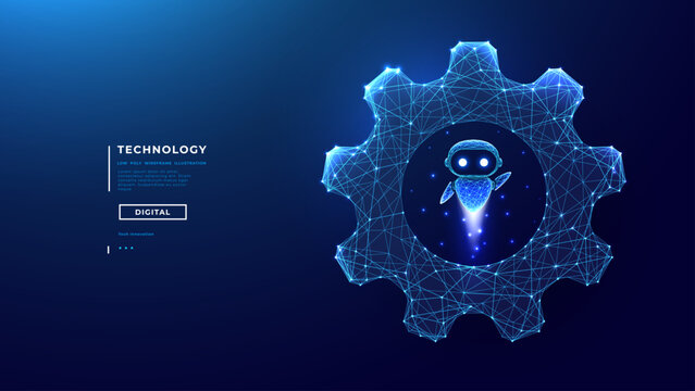 Technological AI Robot or AI Agent inside Digital Wireframe Gear on Technology Blue Background. Artificial Intelligence Assistant Concept. Process Automation Concept. Digital Tech Vector Illustration.