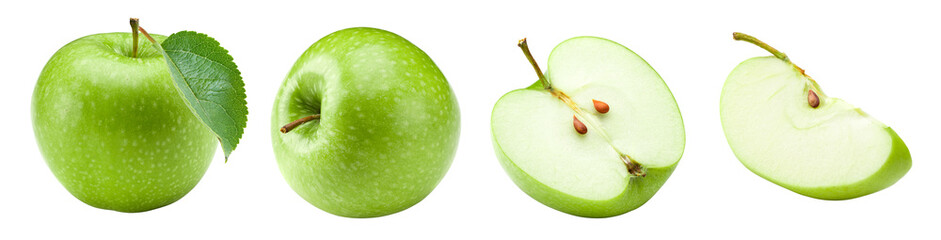 green apples with green leaves isolated on white background. clipping path
