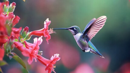 Colorful hummingbird hovering in mid-air with wings blurred, feeding on nectar from bright tropical flowers in a lush garden during daylight