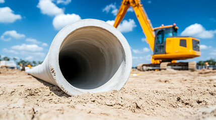 Concrete pipe ready for installation on a construction site with earth mover and clear blue sky in the background on a sunny day.