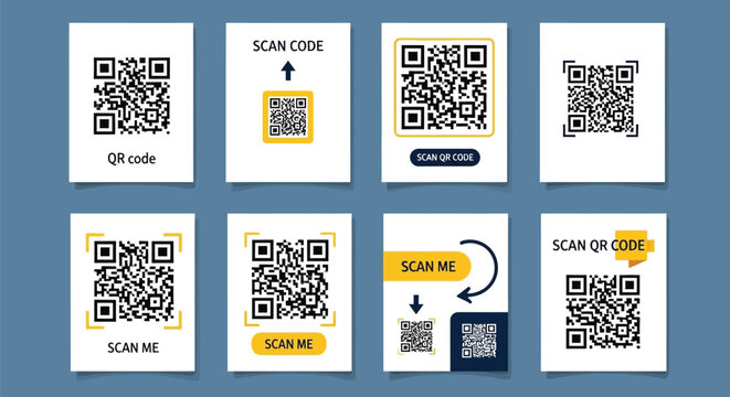 Vector art of a collection of qr codes with various designs and scan prompts is displayed on a blue background, representing modern mobile technology