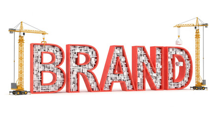 Red "BRAND" word built with construction cranes, symbolizing brand building, development, and growth, perfect for business or marketing concepts