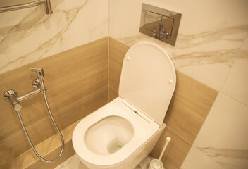 Modern wall-hung toilet in the toilet against the background of a hygienic shower and beautiful...