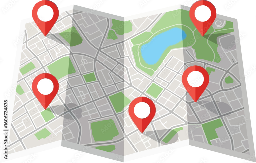 Poster vector art of a colorful map is unfolded and marked with red location pins to indicate destinations 