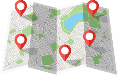 Vector art of a colorful map is unfolded and marked with red location pins to indicate destinations and points of interest