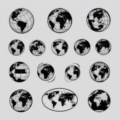 Various Black and White Globes Illustrating World Map for Educational Design Usage