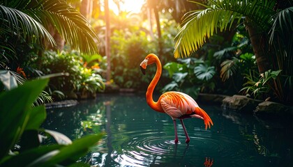 Flamingo in a lush tropical pond