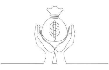 Continuous one line drawing of hands holding money bag marked with dollar sign, symbolizing financial protection, wealth management, savings, single line art.