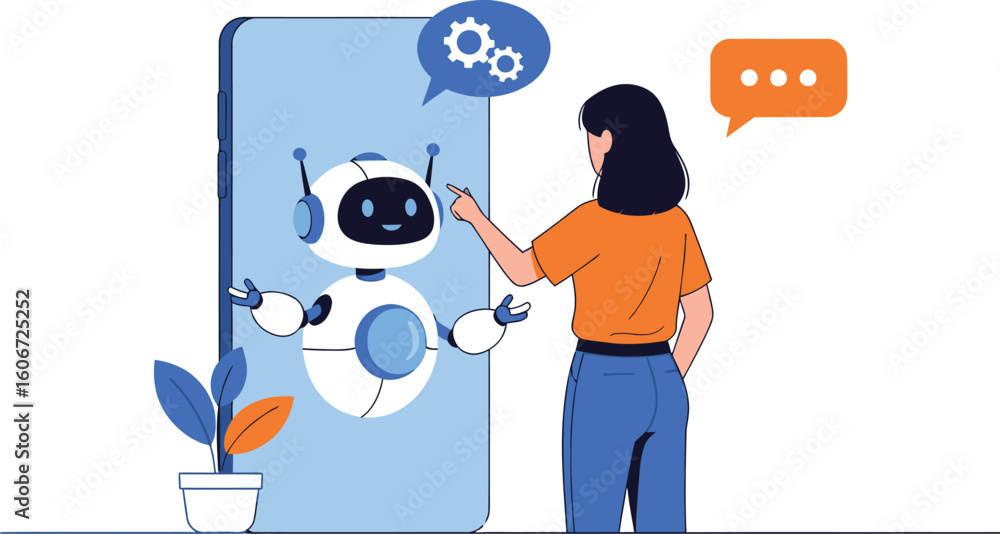 Poster vector art of a woman interacts with a robot chatbot on her phone, highlighting the use of artificia