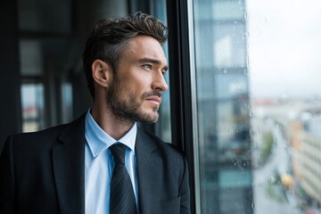 Fototapeta premium Confident man in suit gazing out high-rise window, symbolizing ambition, planning, leadership, and future business opportunities.