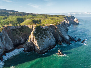 Drone View of Algarve Coastline with Cliffs and Beach. Aerial drone view. natural background