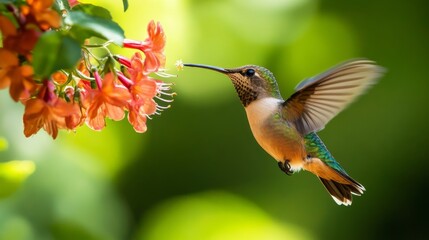 Fototapeta premium Colorful hummingbird hovering in mid-air while feeding on vibrant flower in lush garden during sunny day