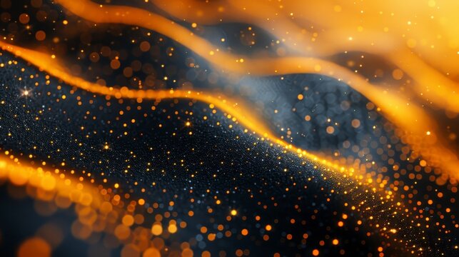 Glowing golden waves ripple across a dark surface, speckled with bright, shimmering particles