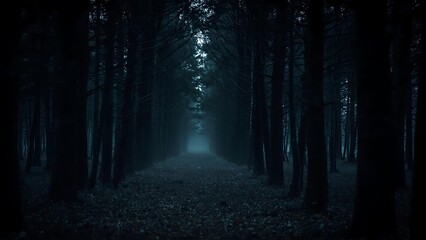 Fototapeta premium Mystical Foggy Forest Path in the Dark with Trees Lining the Road, Creating a Haunting and Eerie Atmosphere