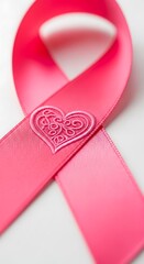 Close-up of a pink ribbon with an intricate heart design.