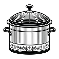 Elegant Black and White Illustration of a Covered Cooking Pot Kitchen Utensil for Culinary Arts and Design