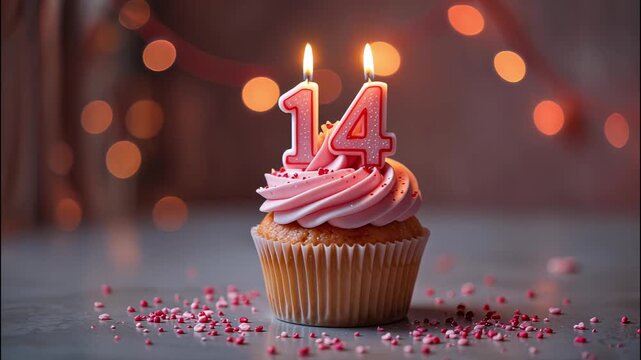 cupcake with burning candles in the shape of the number 14, video greeting card for congratulations on February 14 or birthday - Powered by Adobe