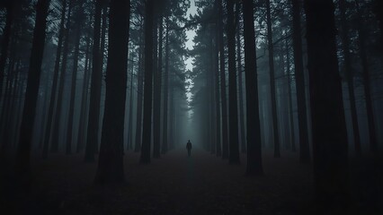 Fototapeta premium Mystical Foggy Forest Path in the Dark with Trees Lining the Road, Creating a Haunting and Eerie Atmosphere