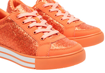 Girls' Orange Sequin Sneakers: Trendy Kids' Shoes, Casual Style, Comfortable Fit Isolated on Transparent Background