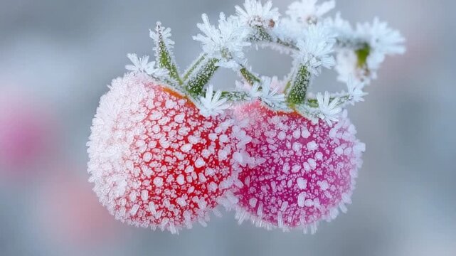 Iced Red and Pink Berries with Needle Like Frost on a Twig in a Blueish Gray Background a Beautiful Winter Macro Still Life