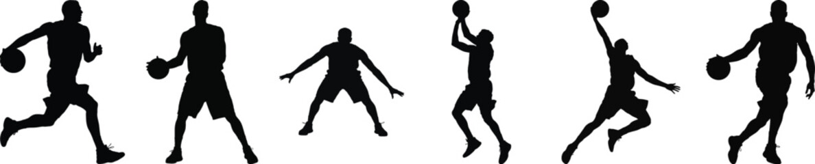 Silhouette vector illustration of five basketball players in various dynamic poses, suitable for sports, fitness, and activity designs.