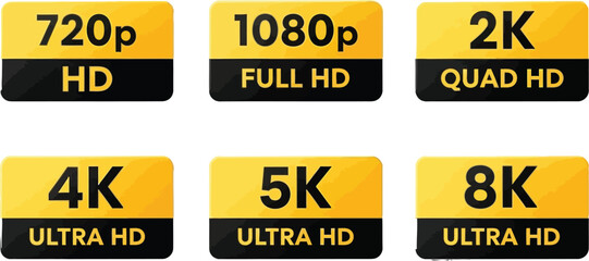 Vector art of various video resolutions including 720p hd, 1080p full hd, 2k quad hd, 4k ultra hd, 5k ultra hd, and 8k ultra hd isolated on white background