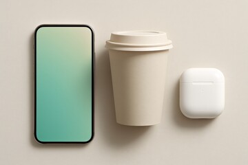 Modern Smartphone, Coffee Cup, and Wireless Earbuds on Neutral Background