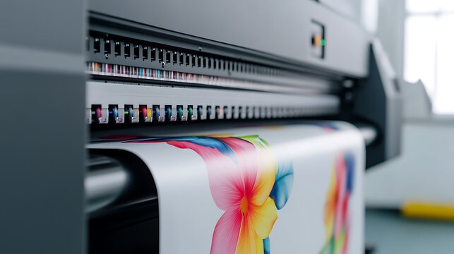 Inkjet printer creating large-format color print with precision. See vibrant colors, printing technology, design production, and detailed graphics.