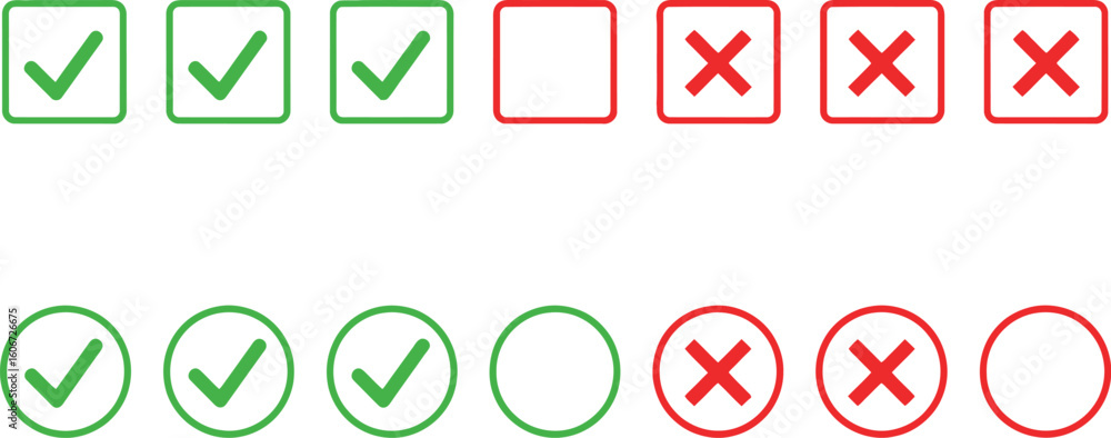 Aufkleber vector art of green check marks and red crosses in square and circle shapes, representing approval a