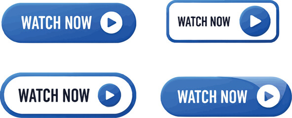 Vector art of a collection of watch now buttons with play icons, designed for online video streaming and digital media content isolated on white background