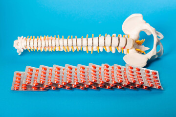Many red pills in blisters against the background of a model of a human spine and a blue...
