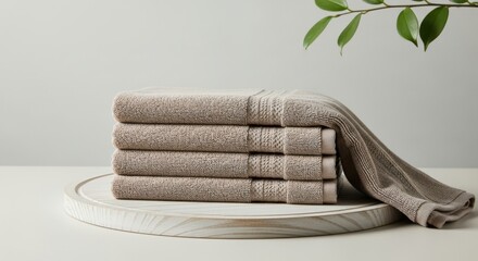 A stack of neatly folded plush towels resting on a wooden tray with a green leaf