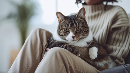 Chubby tabby cat relaxing on owner&rsquo;s lap in bright modern home