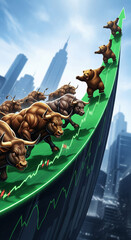 Bulls run up a green rising stock chart arrow, representing a bull market rally, financial growth, and successful investment.