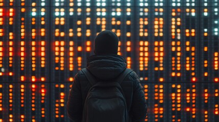 A person standing in front of a wall of lottery results boards with glowing numbers being updated solid neutral gray 
