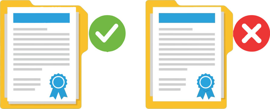 Vector art of two folders containing documents are shown with a green check mark indicating approval and a red cross mark indicating rejection