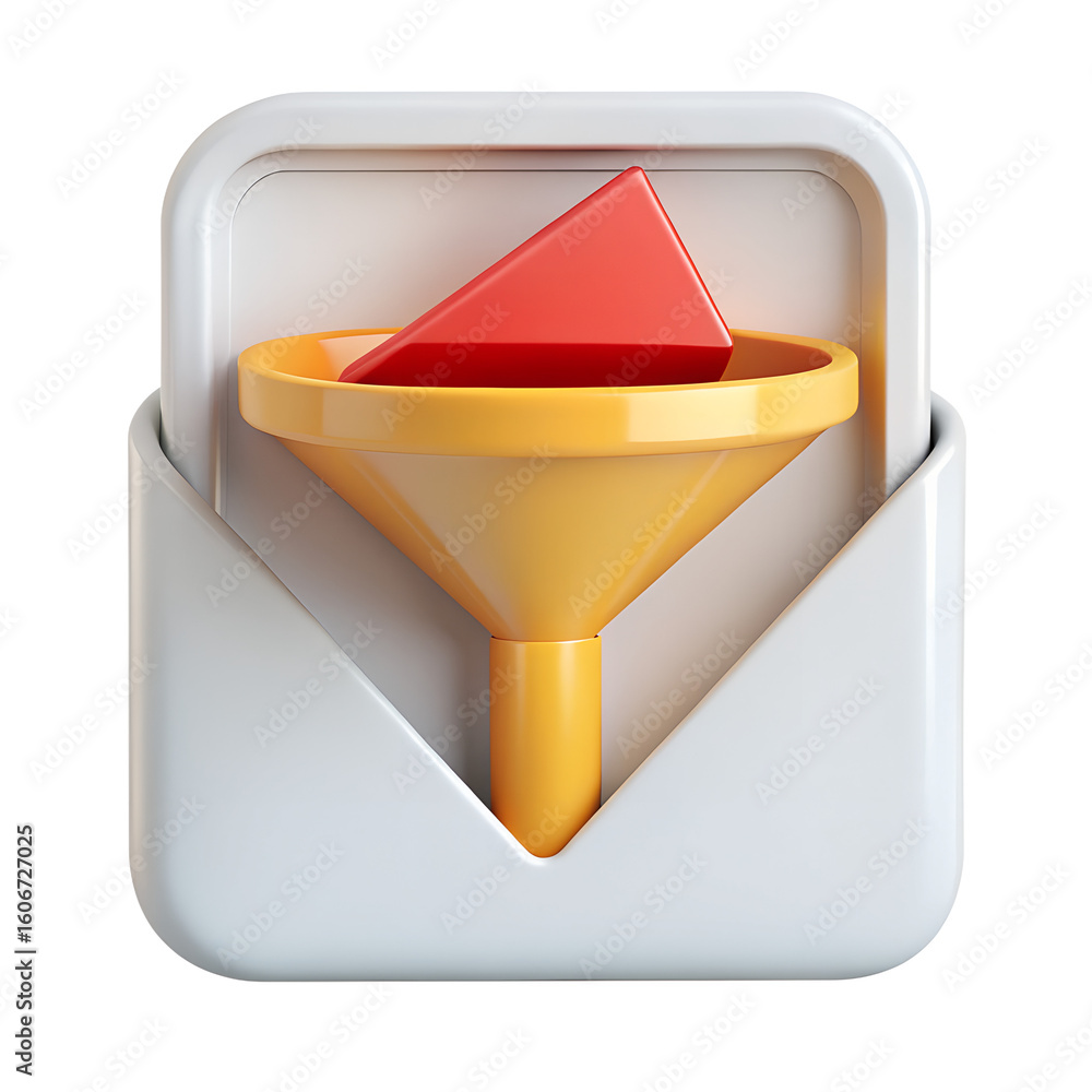 Poster a yellow funnel inside a white envelope, symbolizing data filtering and email management isolated on