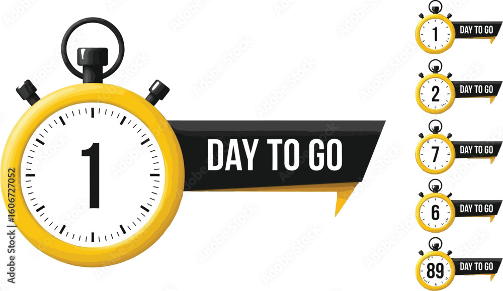 Poster vector art of a countdown timer shows the number of days to go, with a yellow clock and a black ribb